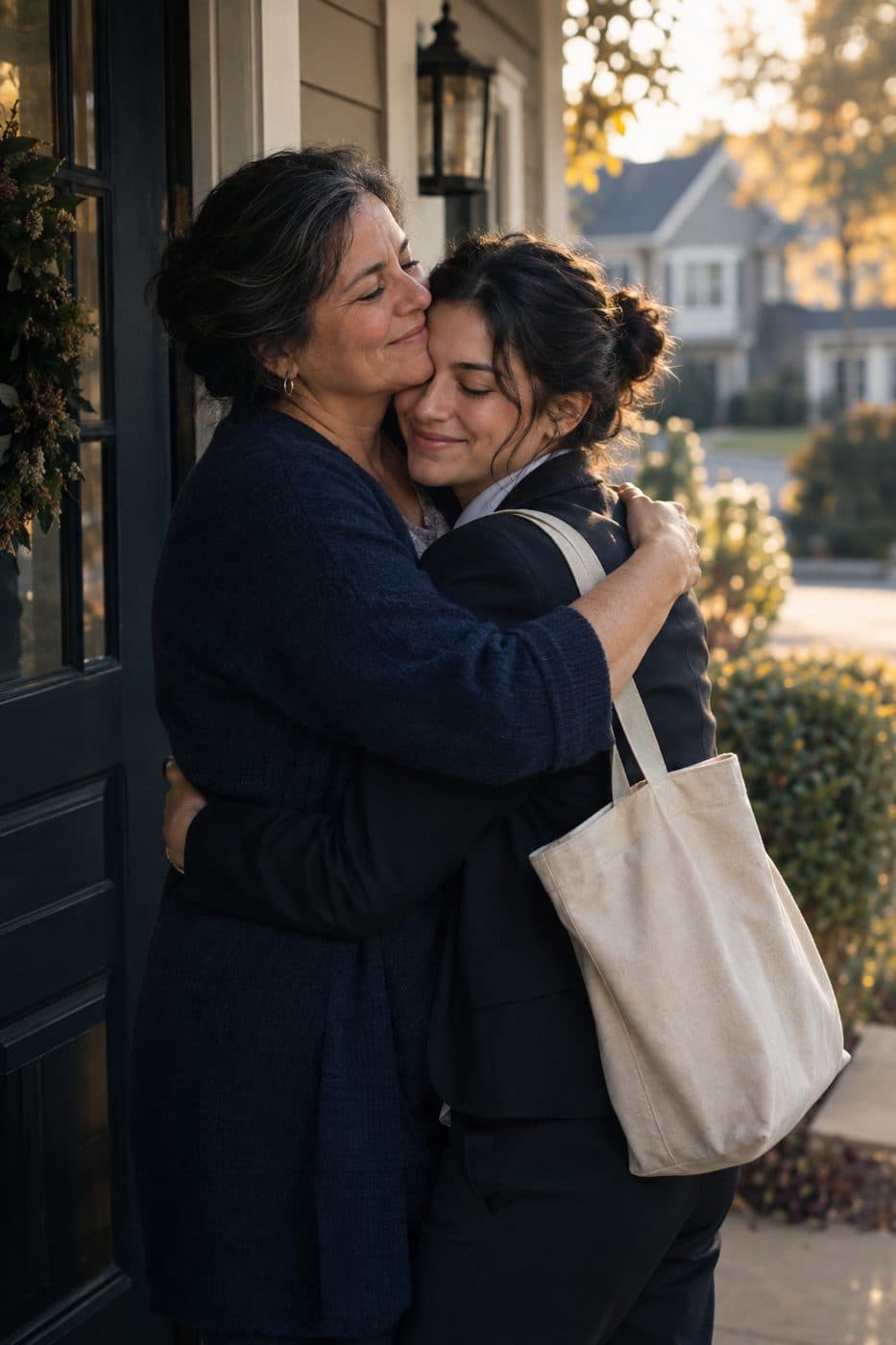 Parent hugging their adult child at the front door as they leave for a new job