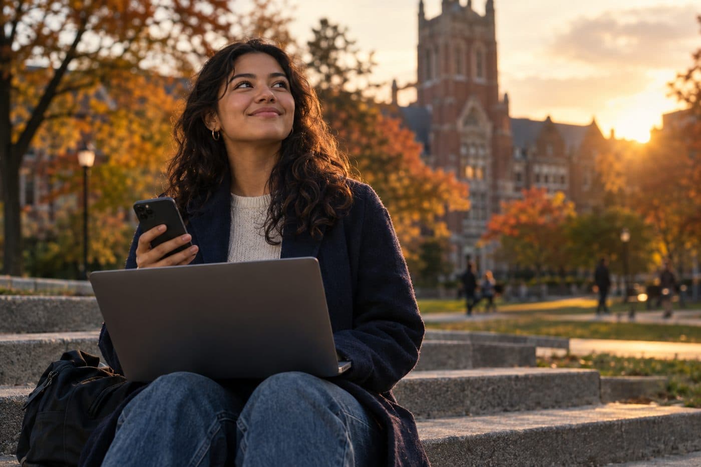 College student on campus steps with a laptop, smiling after good news