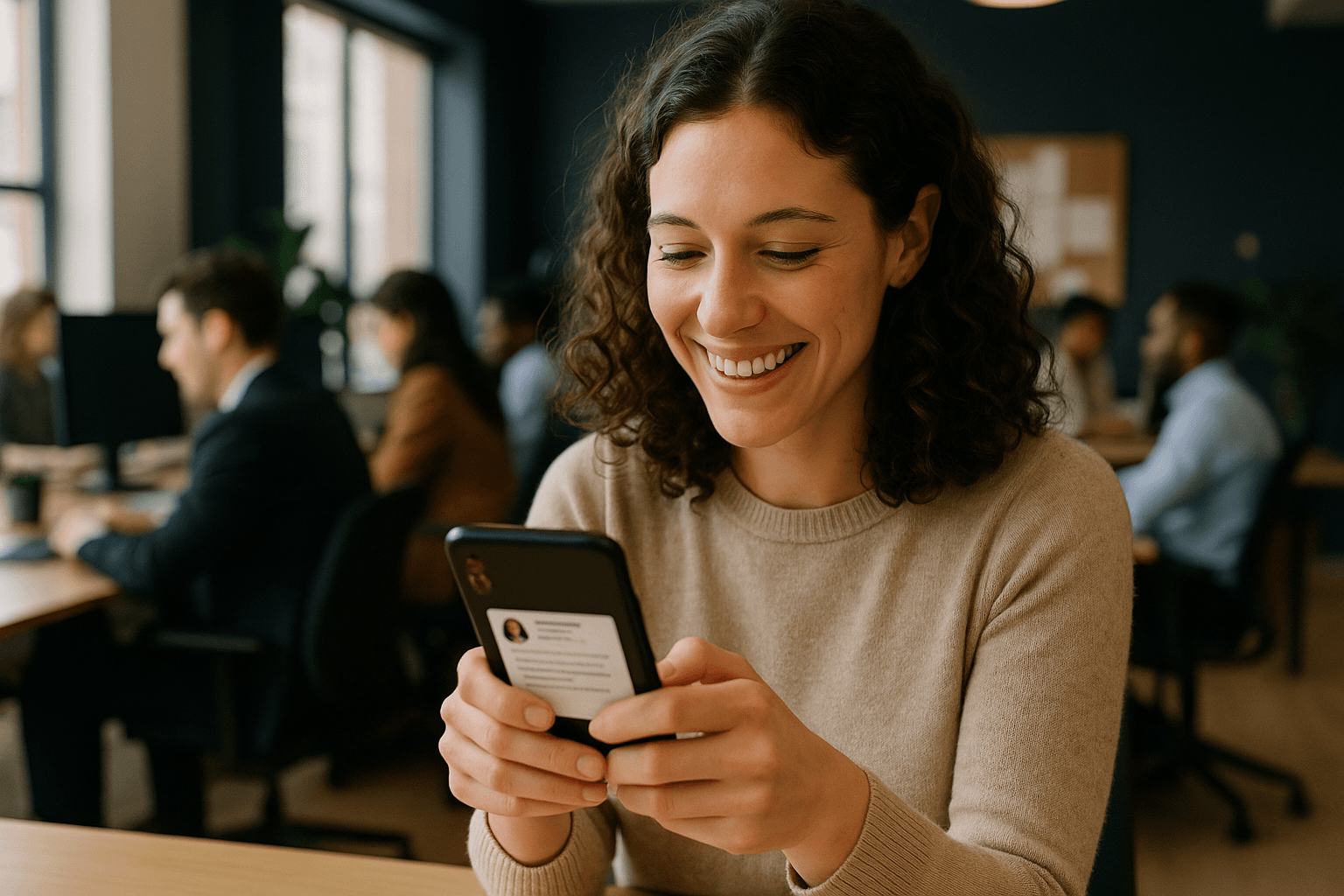 A person in an office environment smiling while engaging with a LinkedIn post on their smartphone, surrounded by a lively atmosphere.